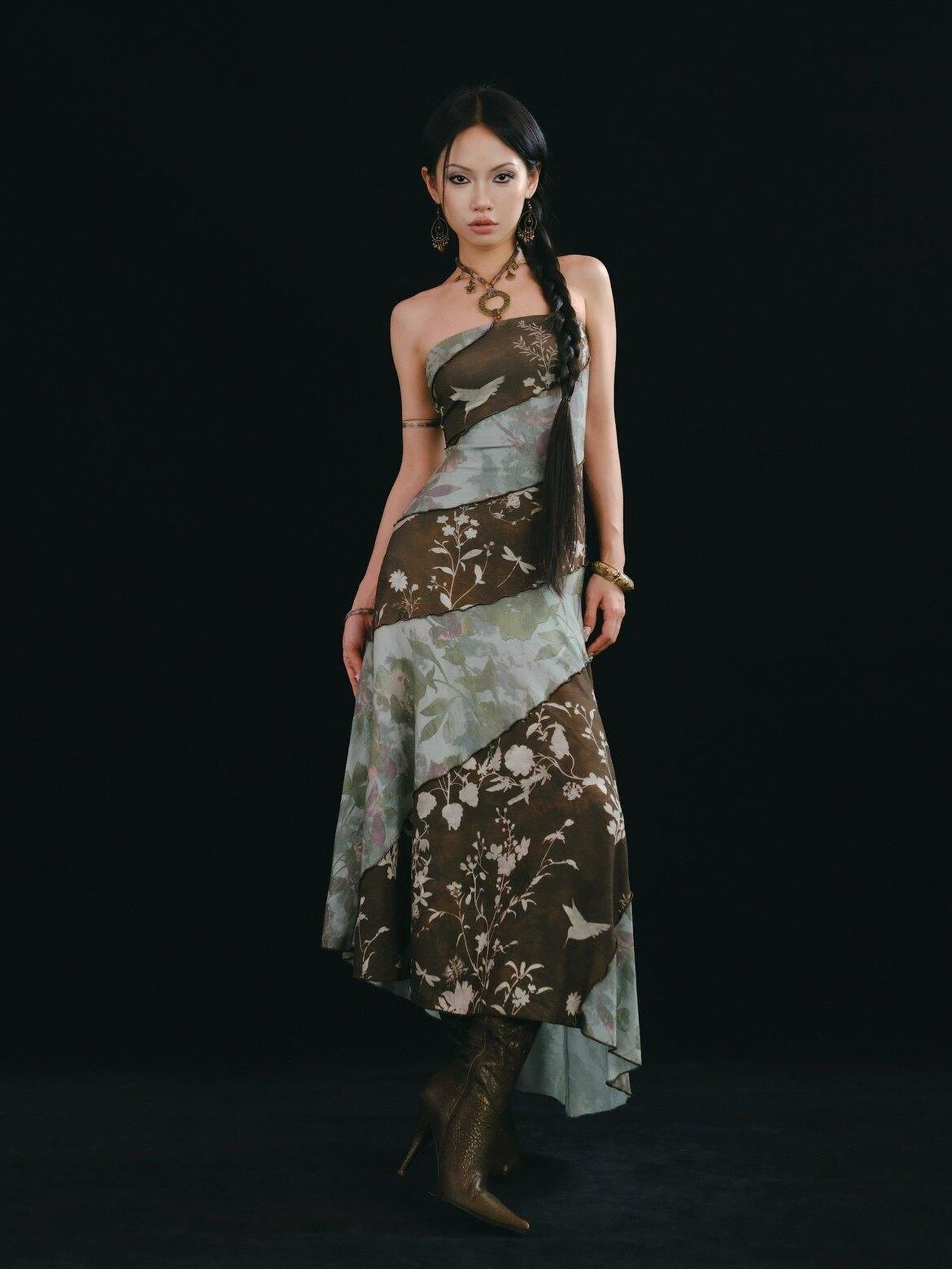 SCCREBEL Emerald Vintage Print Irregular Splice Women's Spandex Halter Midi Dresses