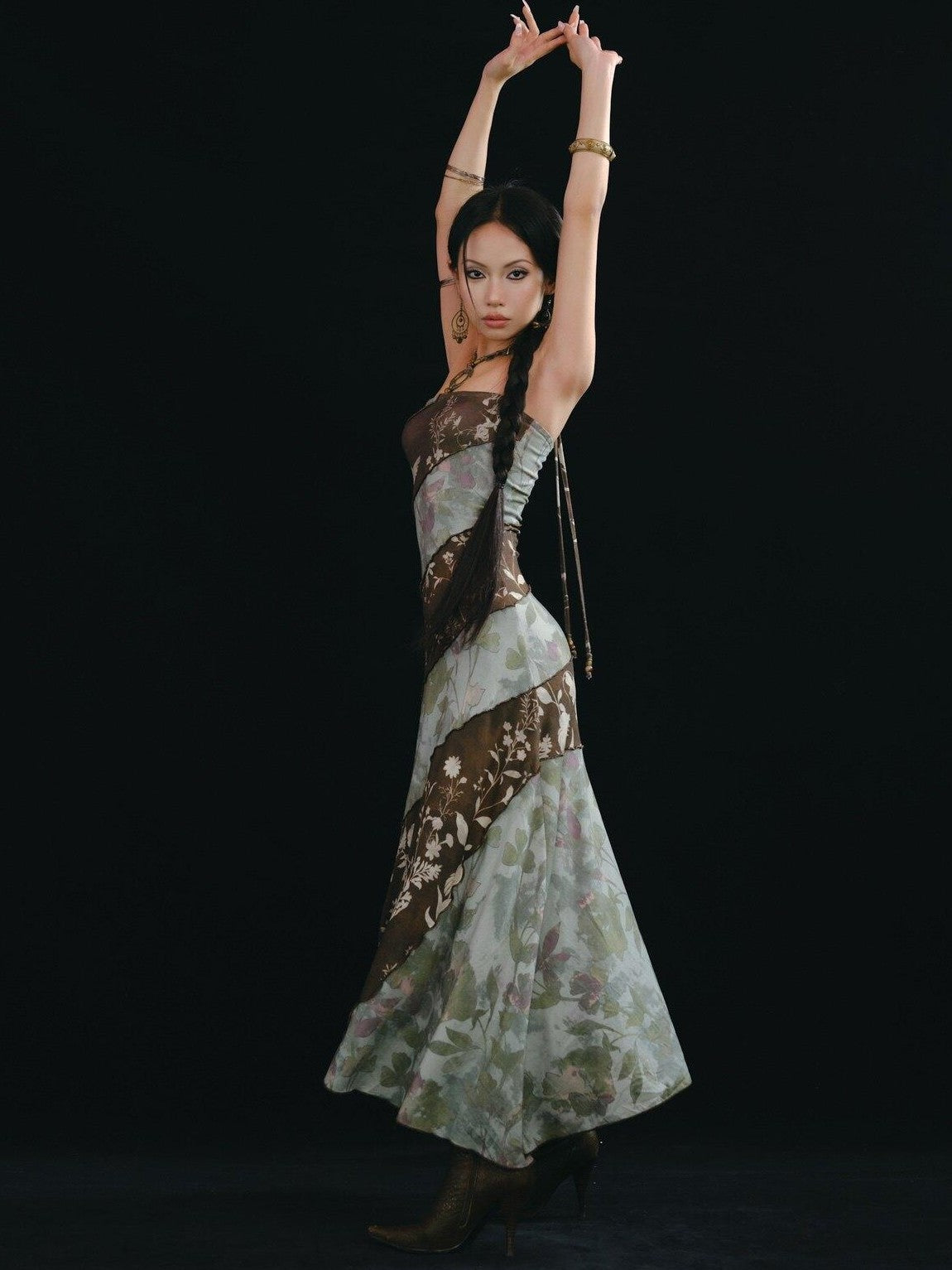 SCCREBEL Emerald Vintage Print Irregular Splice Women's Spandex Halter Midi Dresses