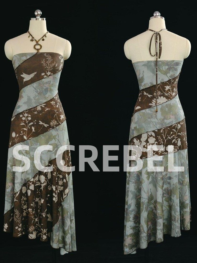 SCCREBEL Emerald Vintage Print Irregular Splice Women's Spandex Halter Midi Dresses