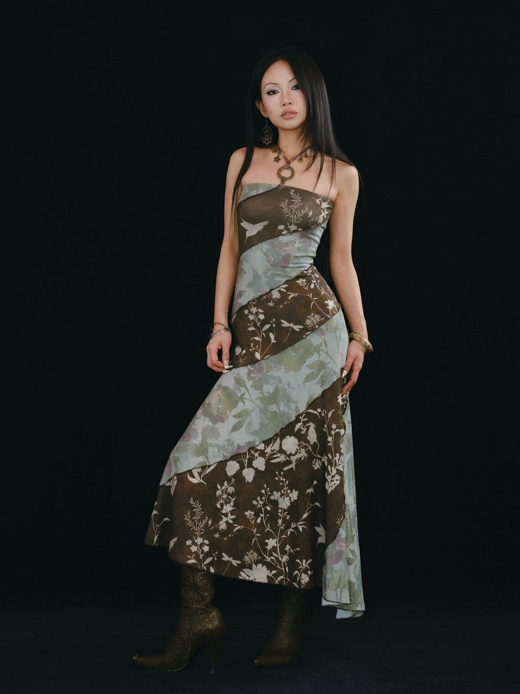SCCREBEL Emerald Vintage Print Irregular Splice Women's Spandex Halter Midi Dresses