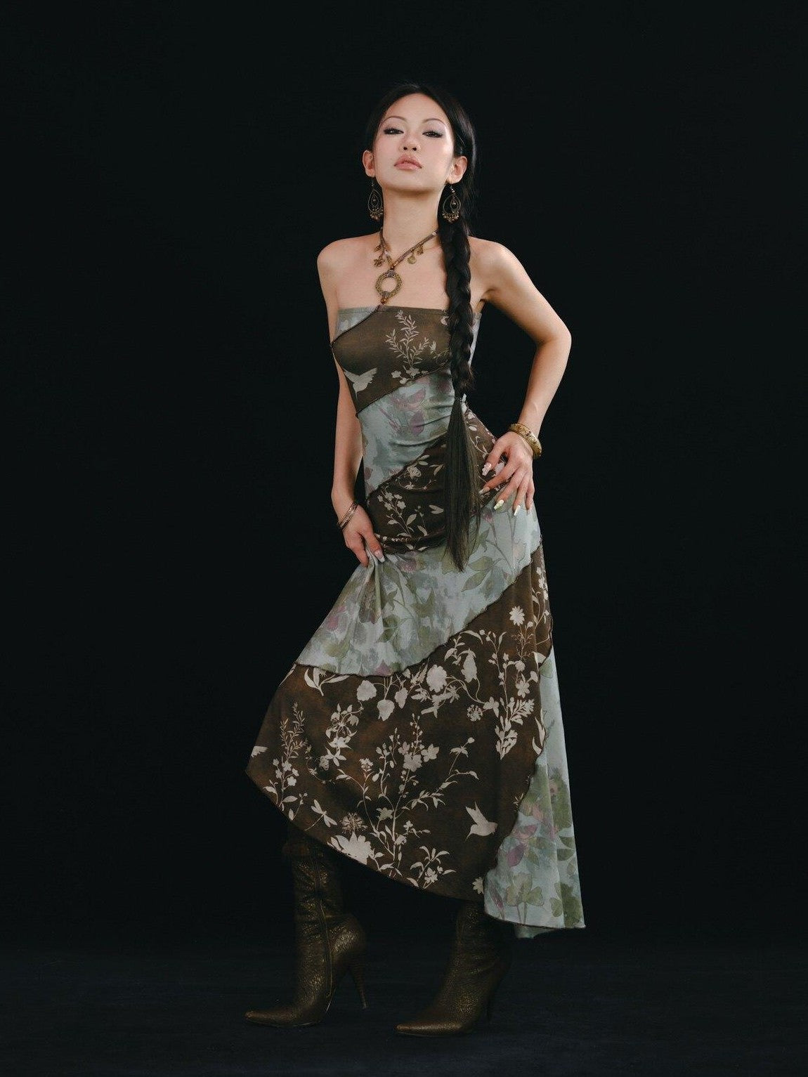 SCCREBEL Emerald Vintage Print Irregular Splice Women's Spandex Halter Midi Dresses