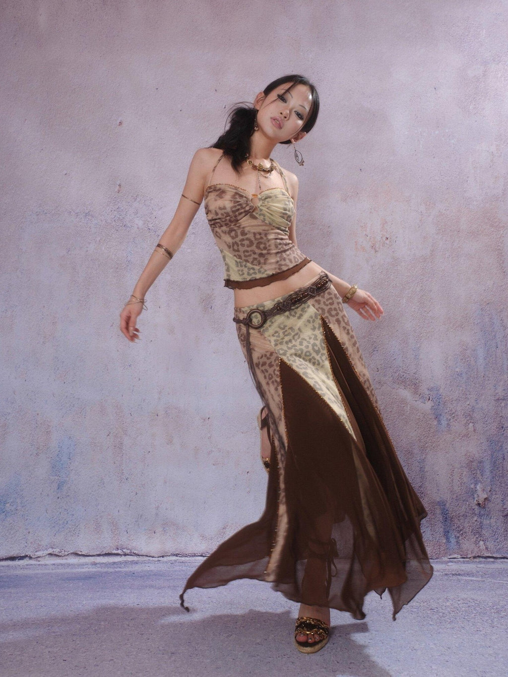 SCCREBEL Exotic Leopard Print Hand Beaded Vintage Longline Women's Camisoles