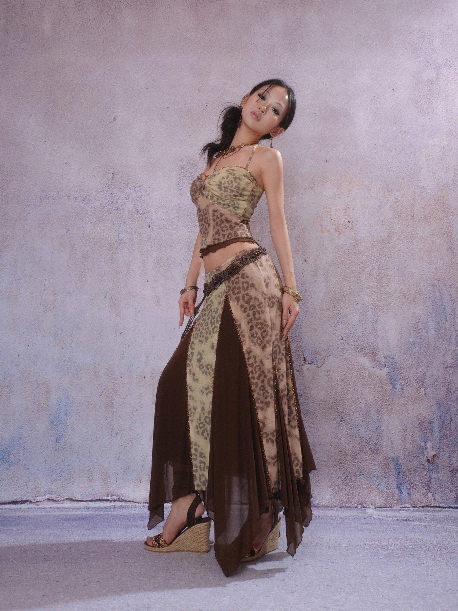 SCCREBEL Exotic Leopard Print Hand Beaded Vintage Longline Women's Camisoles