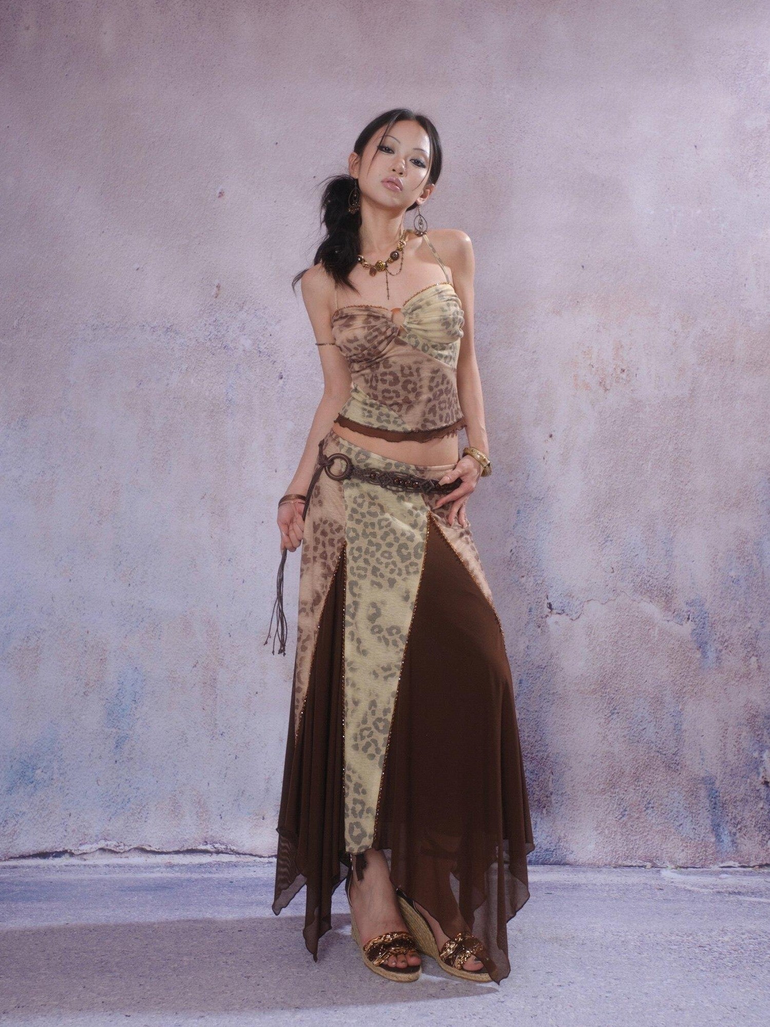 SCCREBEL Exotic Leopard Print Hand Beaded Vintage Longline Women's Camisoles