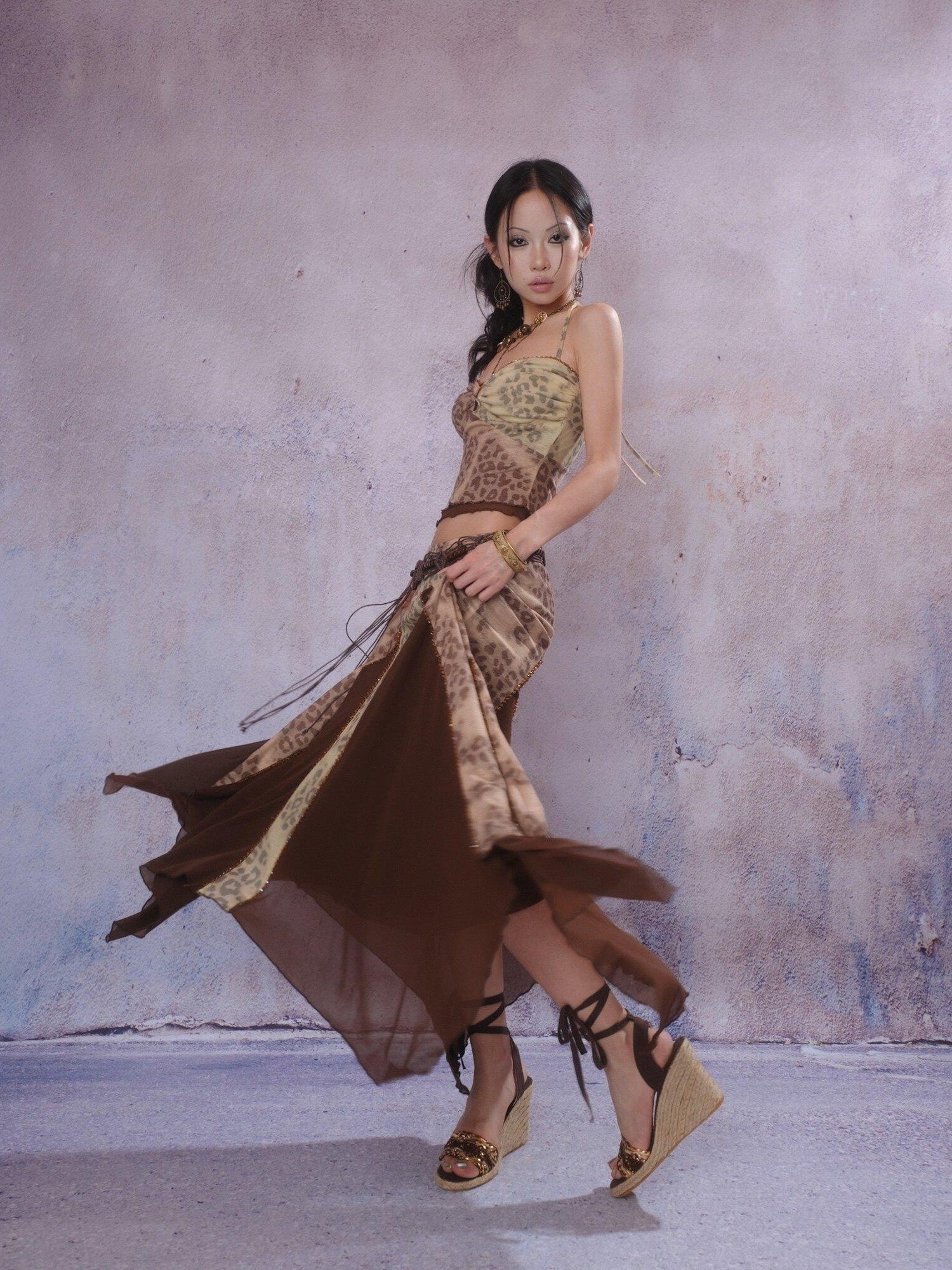 SCCREBEL Exotic Leopard Print Hand Beaded Vintage Longline Women's Camisoles
