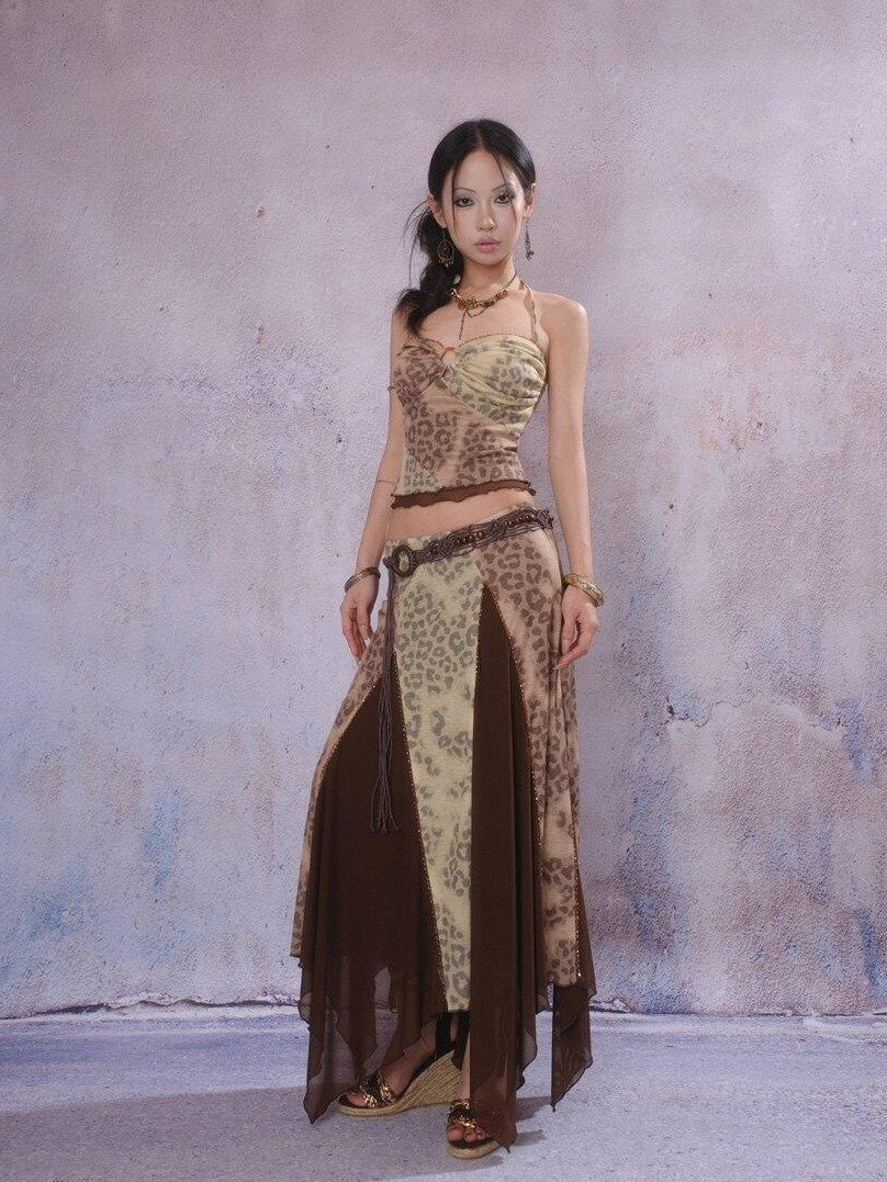 SCCREBEL Exotic Leopard Print Hand Beaded Vintage Longline Women's Camisoles