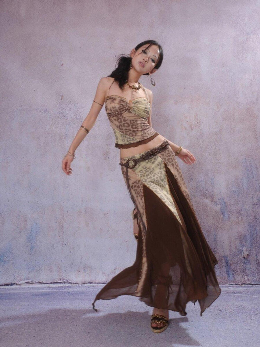 SCCREBEL Exotic Leopard Print Hand Beaded Vintage Longline Women's Camisoles