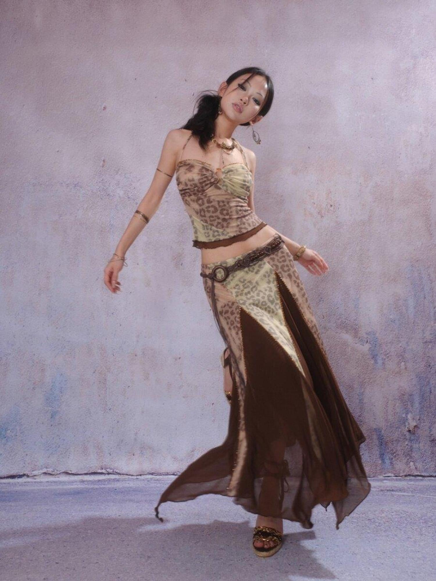 SCCREBEL Exotic Leopard Print Hand Beaded Vintage Longline Women's Camisoles