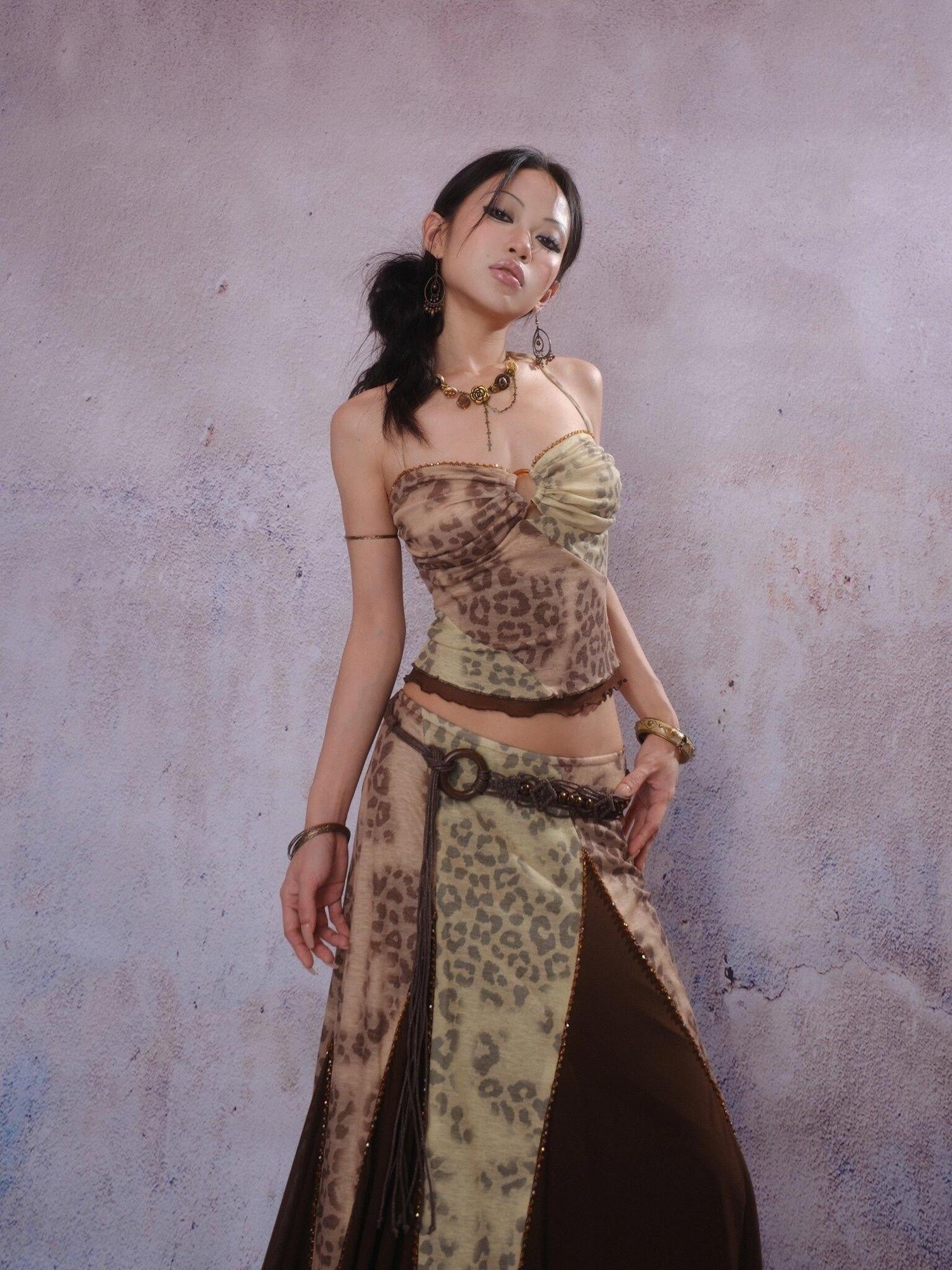 SCCREBEL Exotic Leopard Print Hand Beaded Vintage Longline Women's Camisoles