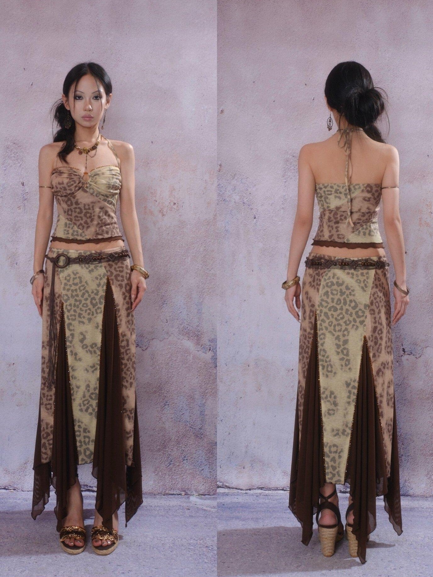 SCCREBEL Exotic Leopard Print Hand Beaded Vintage Longline Women's Camisoles