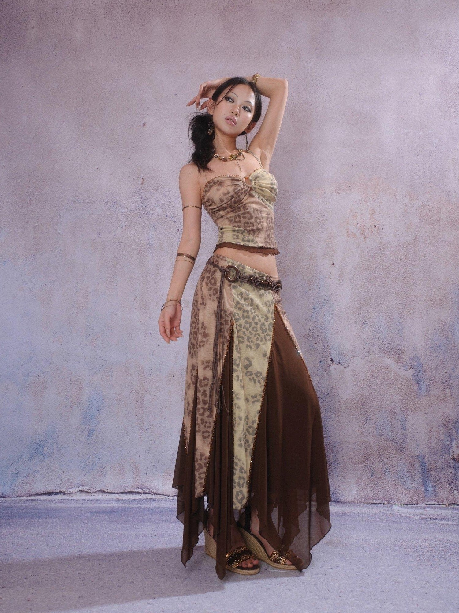 SCCREBEL Exotic Leopard Print Hand Beaded Vintage Longline Women's Camisoles