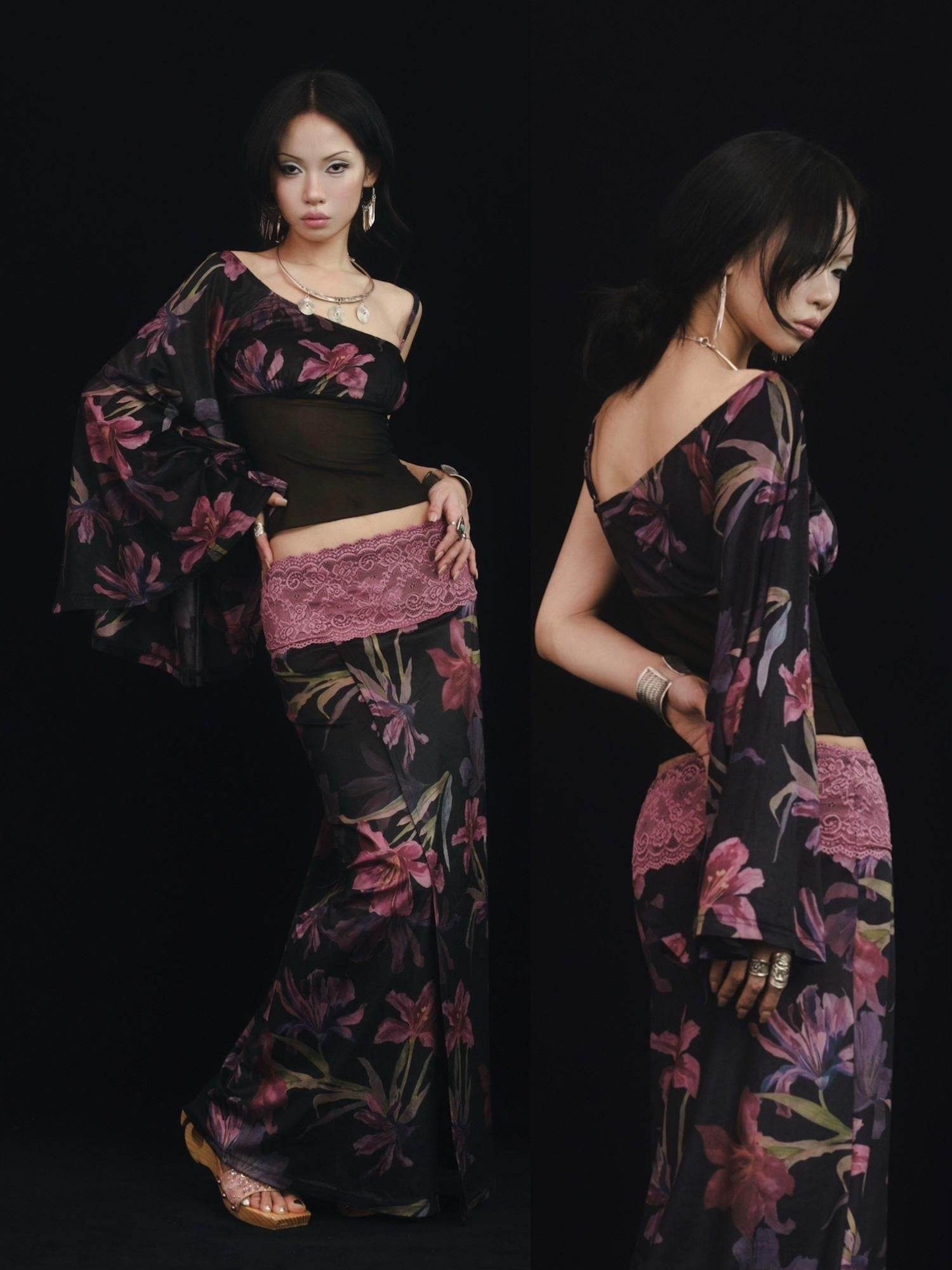 SCCREBEL Floral Lace Splice Ruffle One Shoulder Women's Velvet Matching Skirt Sets