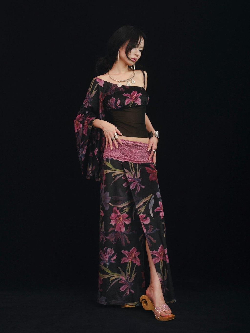 SCCREBEL Floral Lace Splice Ruffle One Shoulder Women's Velvet Matching Skirt Sets