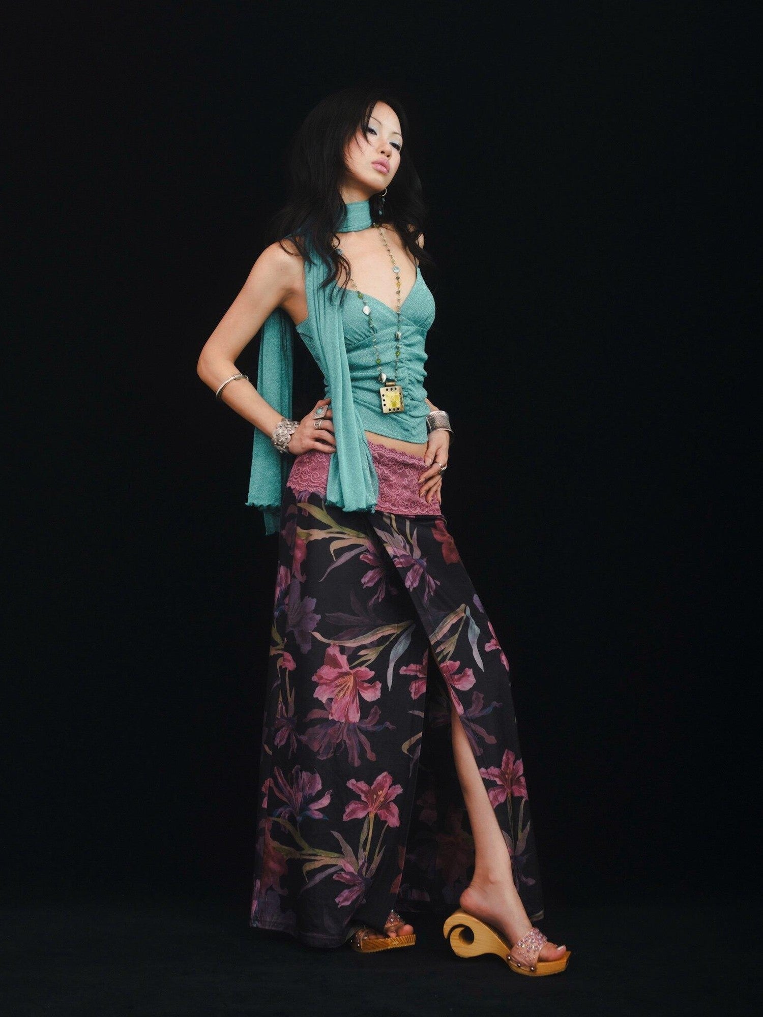 SCCREBEL Floral Lace Splice Ruffle One Shoulder Women's Velvet Matching Skirt Sets