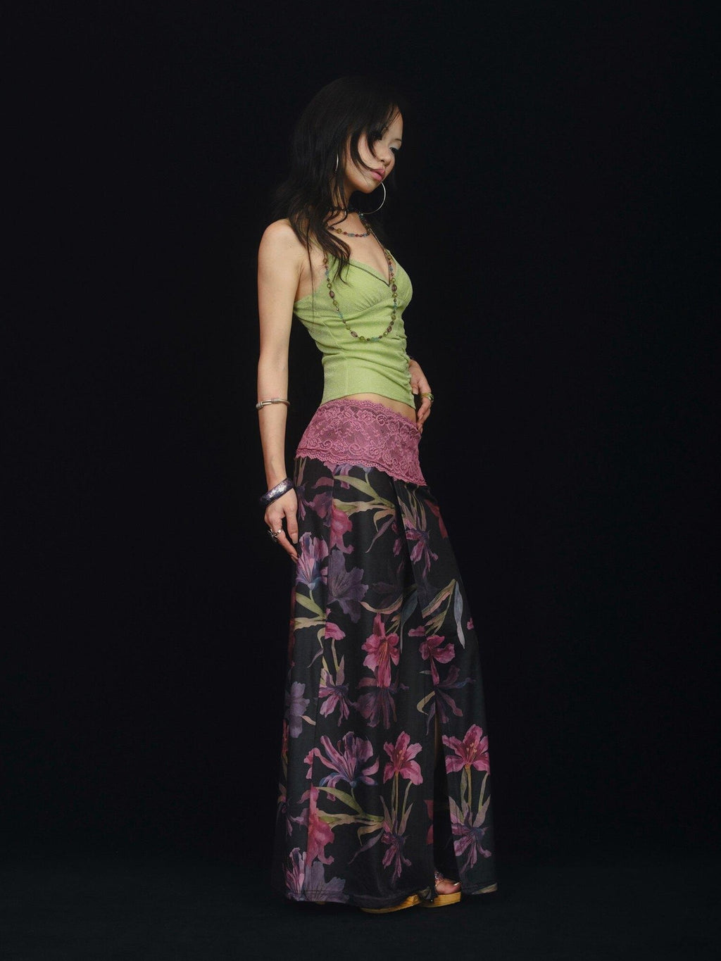 SCCREBEL Floral Lace Splice Ruffle One Shoulder Women's Velvet Matching Skirt Sets