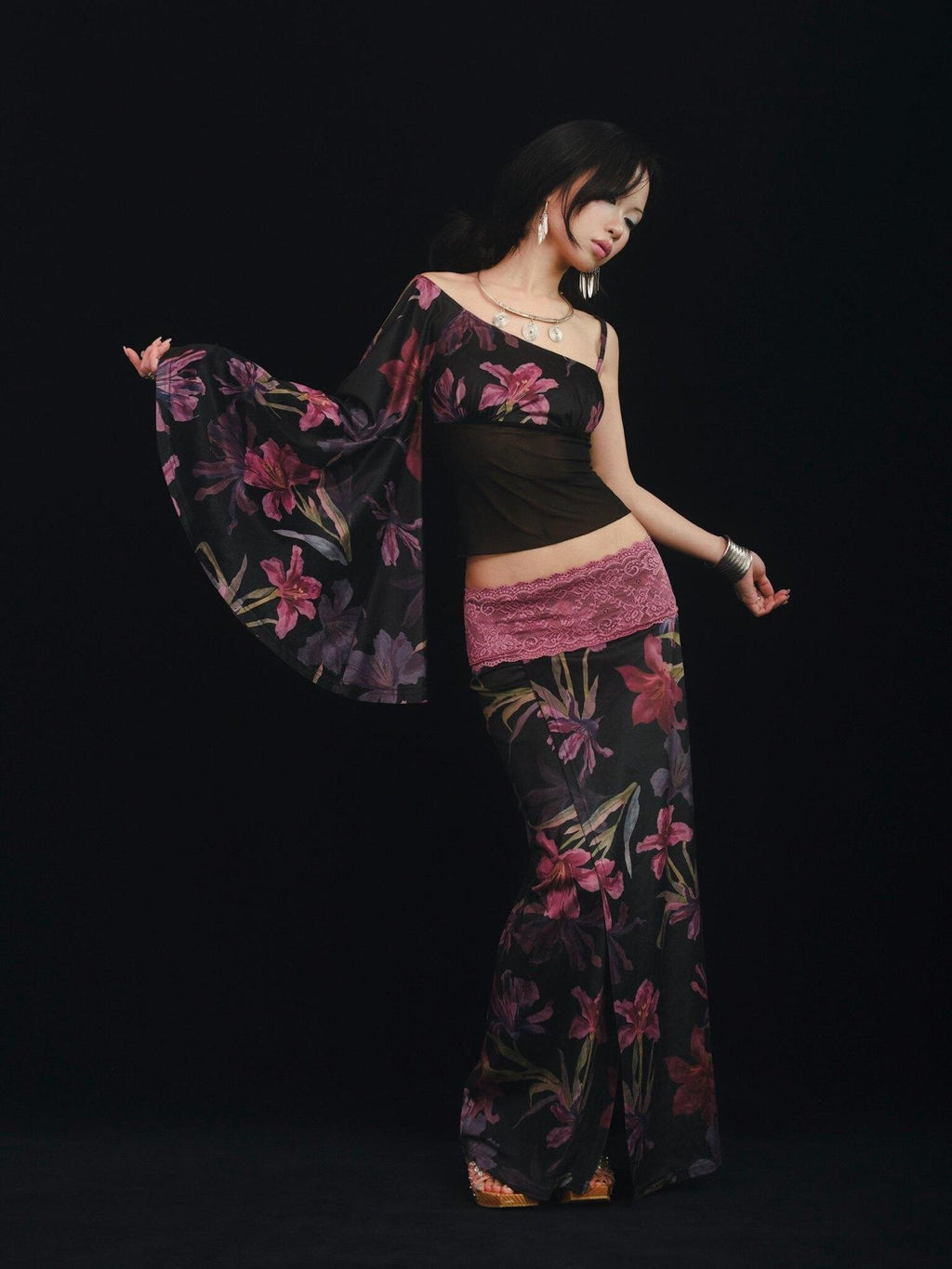 SCCREBEL Floral Lace Splice Ruffle One Shoulder Women's Velvet Matching Skirt Sets