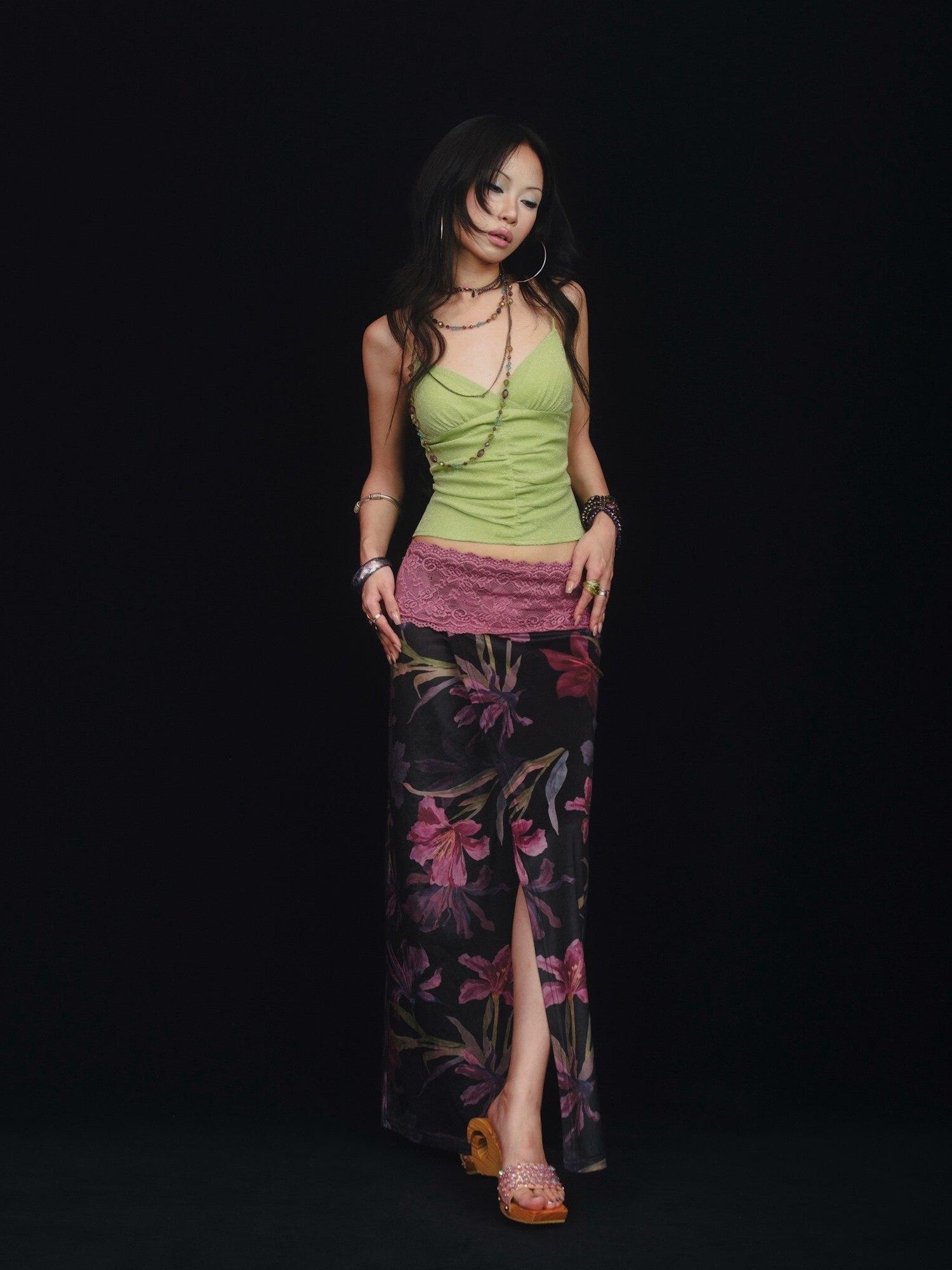 SCCREBEL Floral Lace Splice Ruffle One Shoulder Women's Velvet Matching Skirt Sets