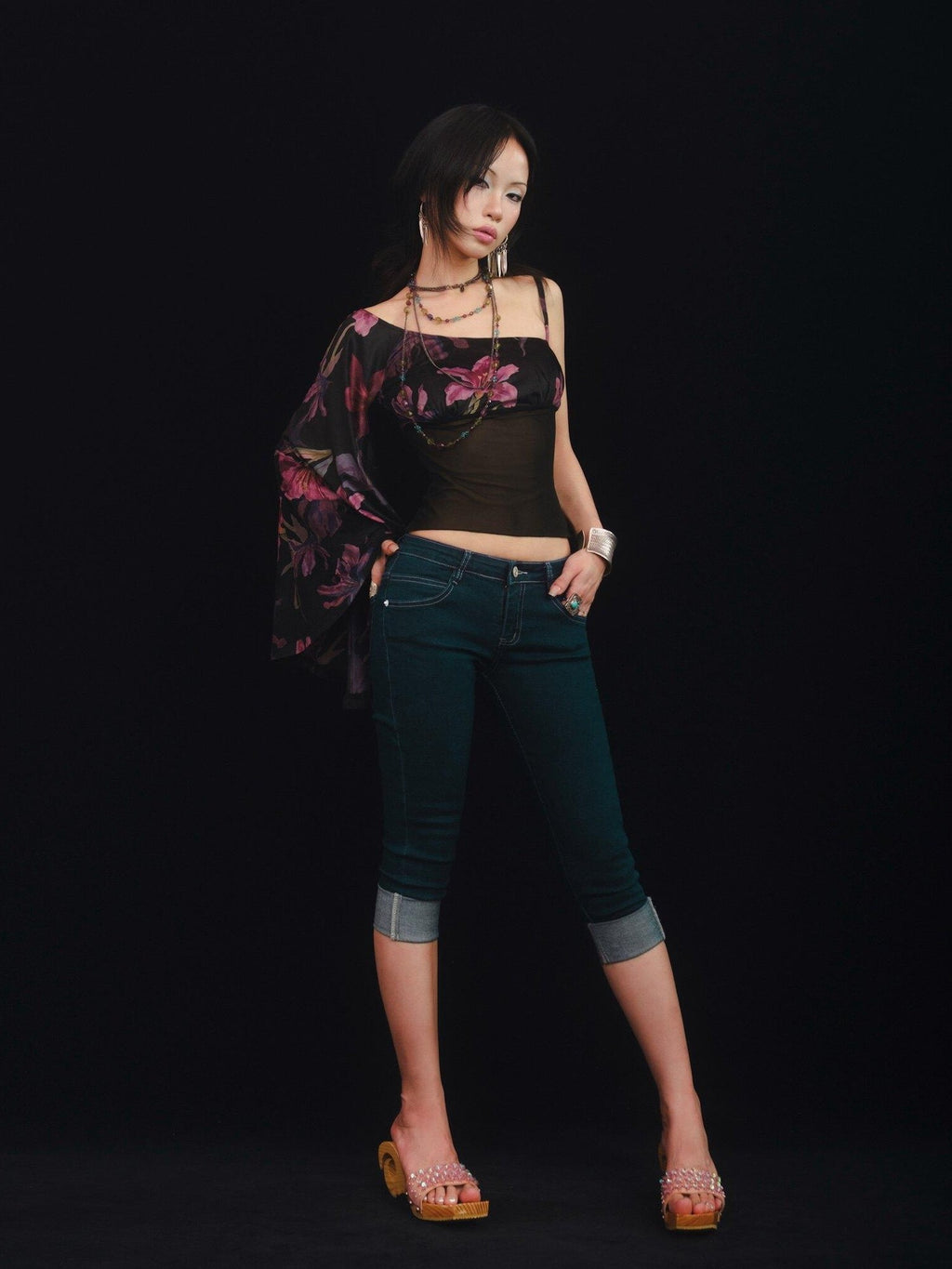 SCCREBEL Floral Lace Splice Ruffle One Shoulder Women's Velvet Matching Skirt Sets