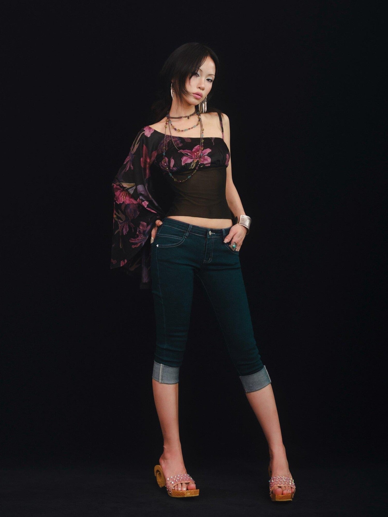 SCCREBEL Floral Lace Splice Ruffle One Shoulder Women's Velvet Matching Skirt Sets