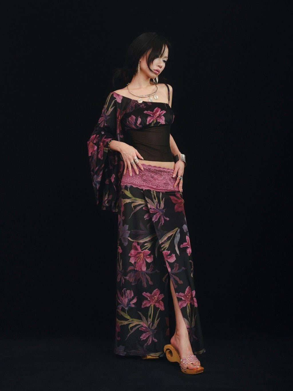 SCCREBEL Floral Lace Splice Ruffle One Shoulder Women's Velvet Matching Skirt Sets