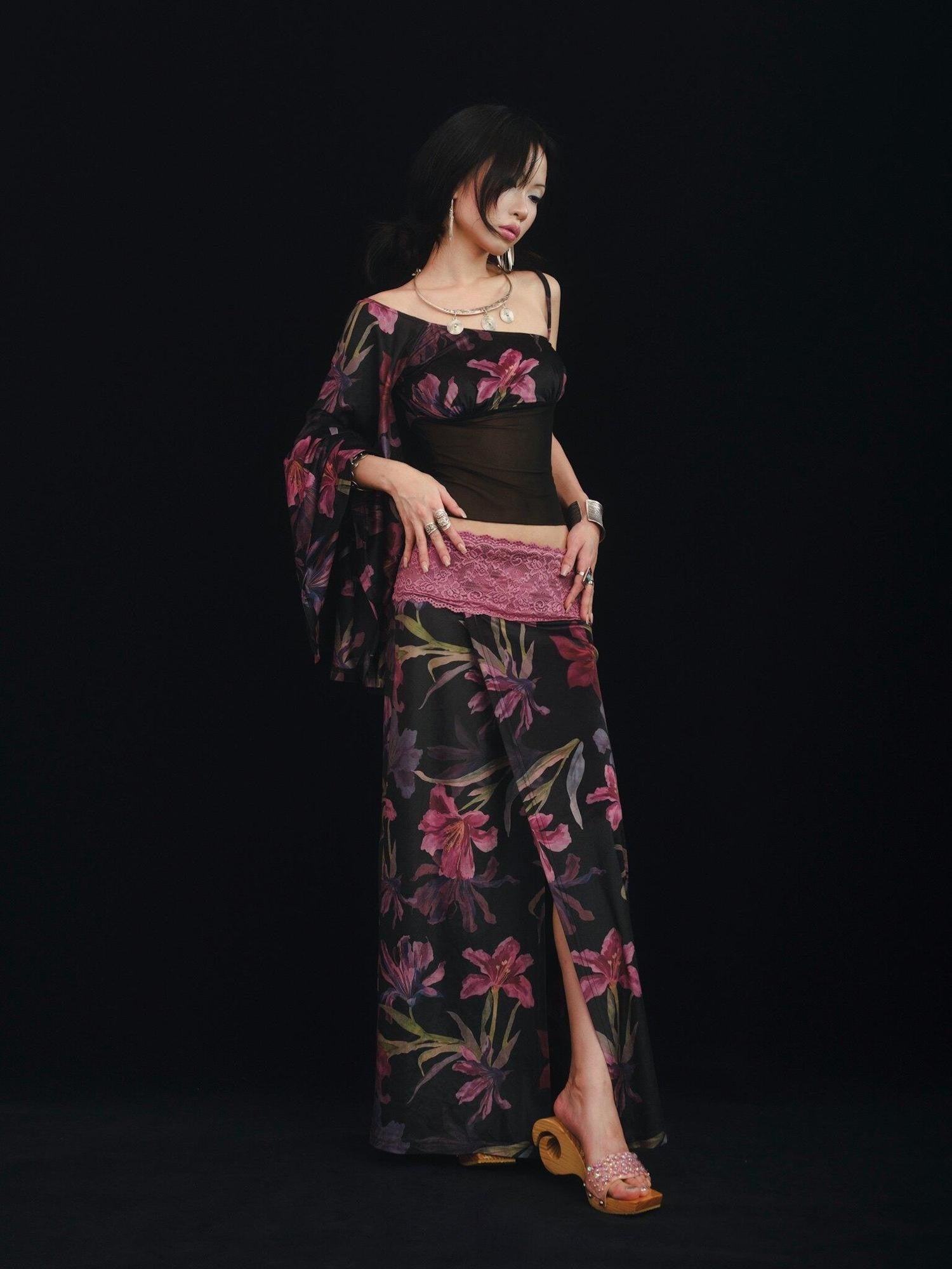 SCCREBEL Floral Lace Splice Ruffle One Shoulder Women's Velvet Matching Skirt Sets