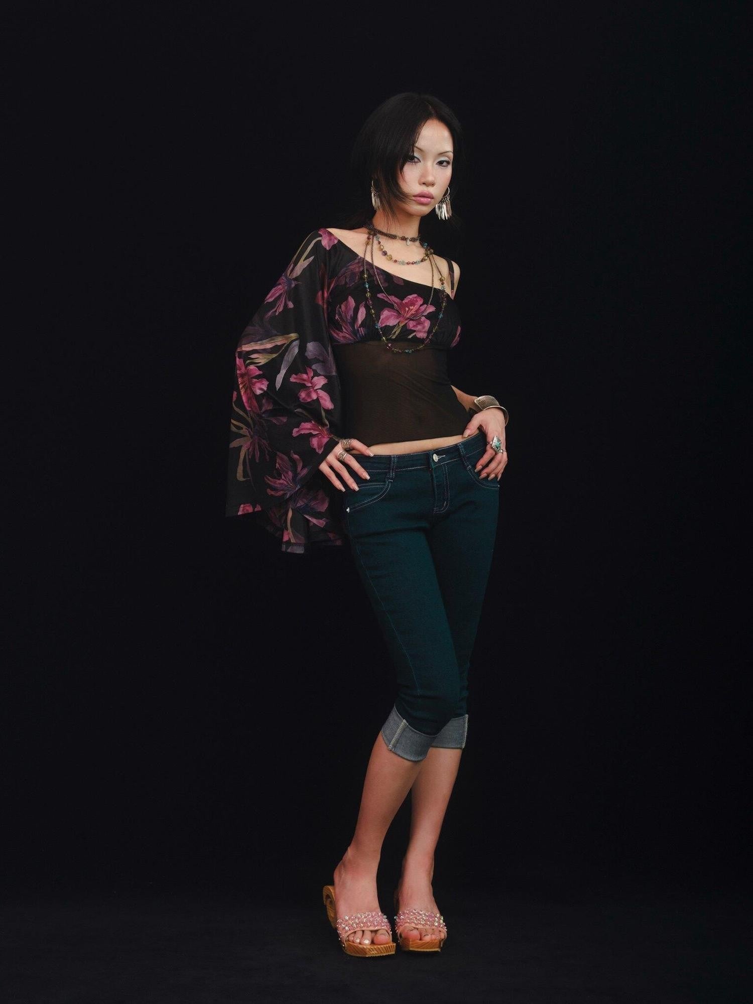 SCCREBEL Floral Lace Splice Ruffle One Shoulder Women's Velvet Matching Skirt Sets