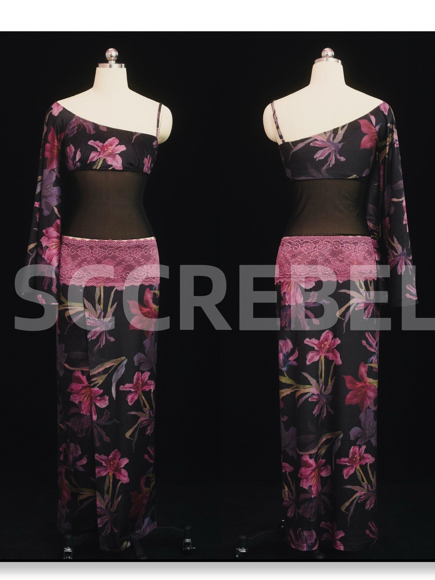 SCCREBEL Floral Lace Splice Ruffle One Shoulder Women's Velvet Matching Skirt Sets