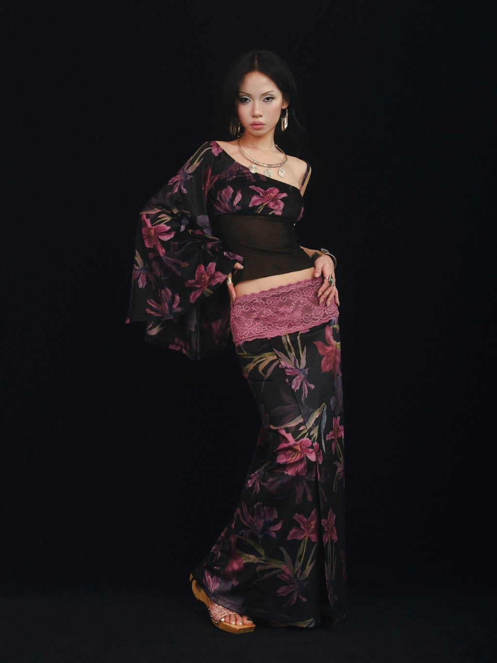SCCREBEL Floral Lace Splice Ruffle One Shoulder Women's Velvet Matching Skirt Sets