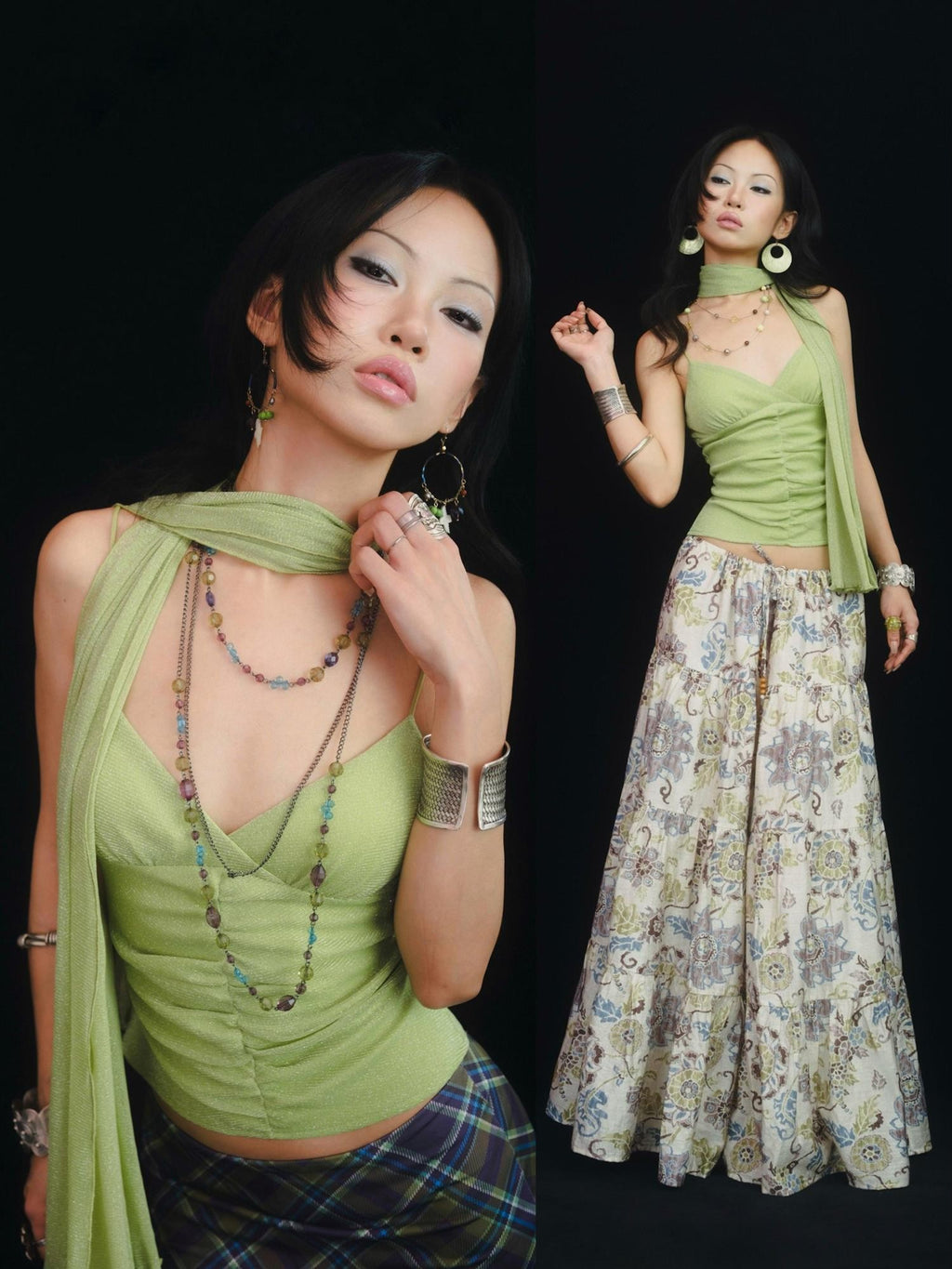 SCCREBEL Fruit Green Shimmer Ruched Backless Mesh V-neck Women's Knit Spandex Camisoles