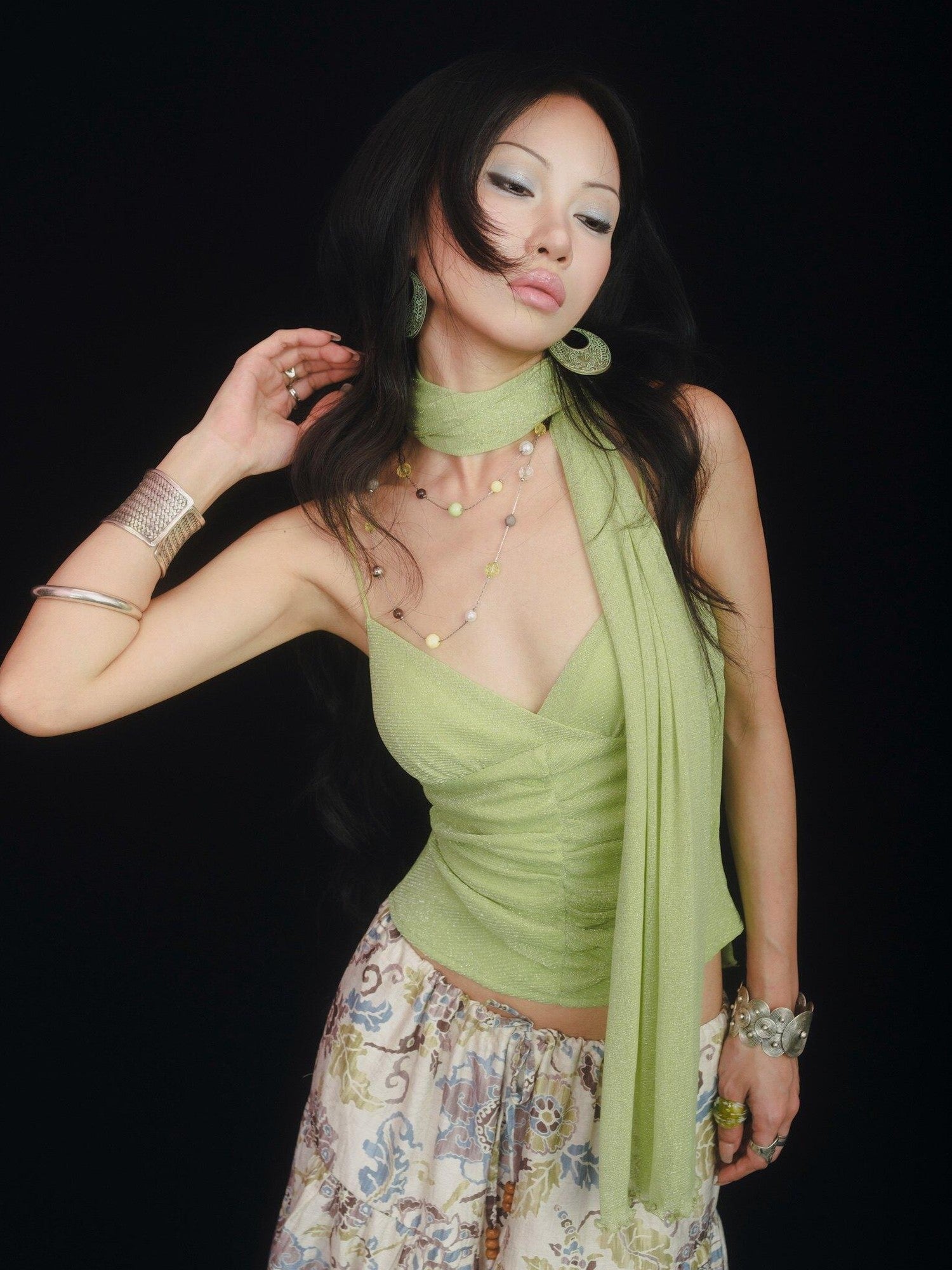 SCCREBEL Fruit Green Shimmer Ruched Backless Mesh V-neck Women's Knit Spandex Camisoles
