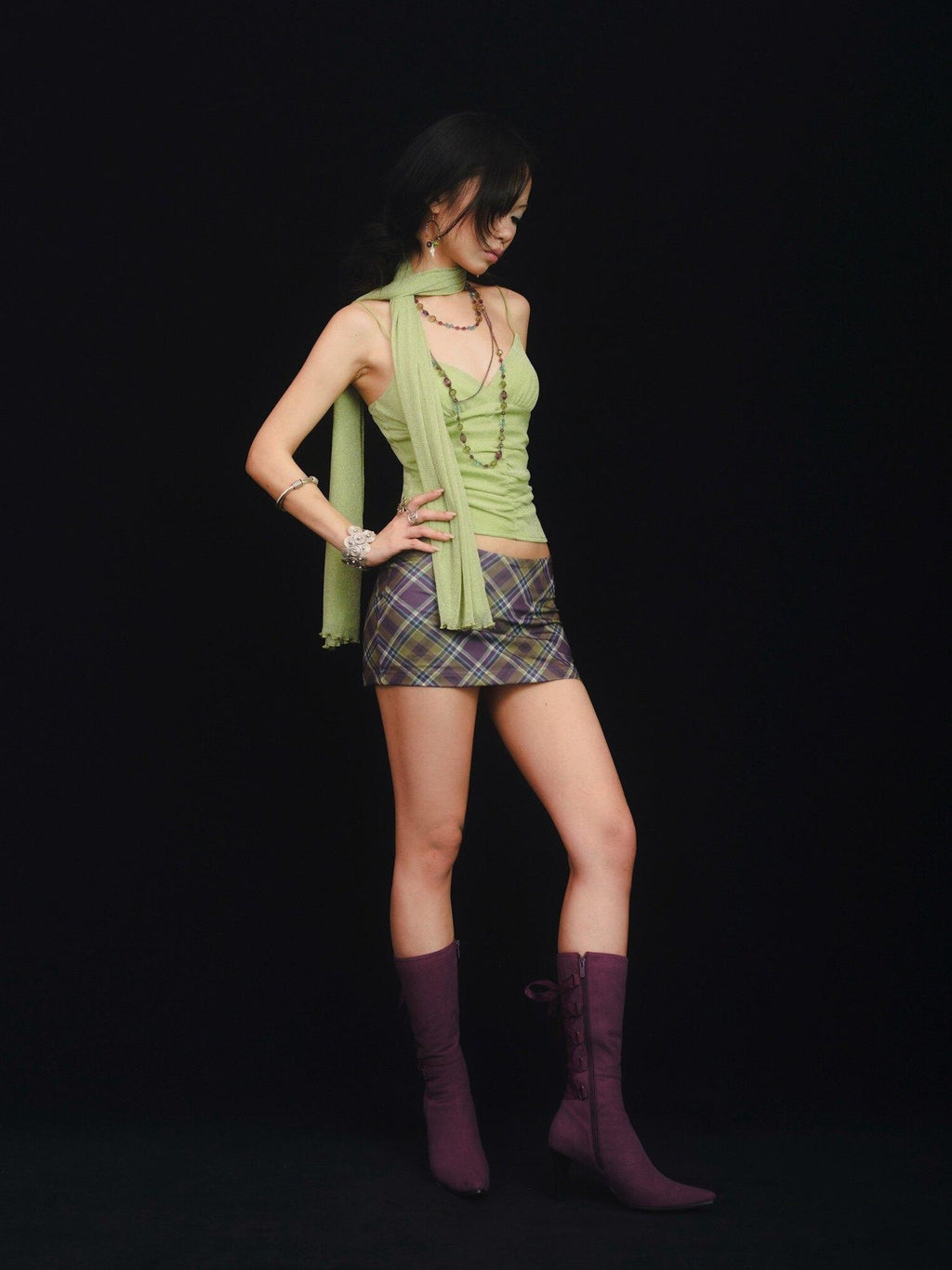 SCCREBEL Fruit Green Shimmer Ruched Backless Mesh V-neck Women's Knit Spandex Camisoles