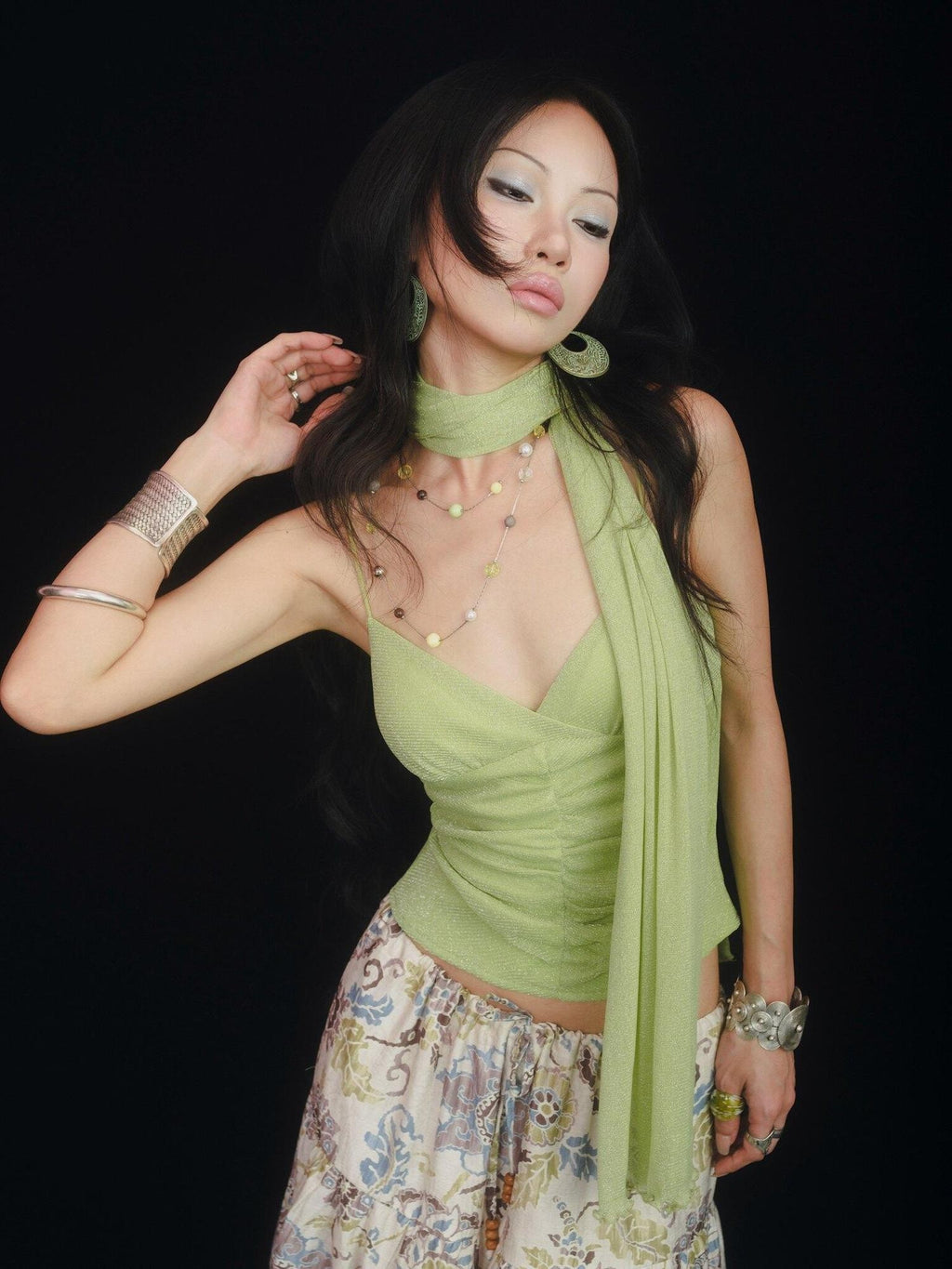 SCCREBEL Fruit Green Shimmer Ruched Backless Mesh V-neck Women's Knit Spandex Camisoles