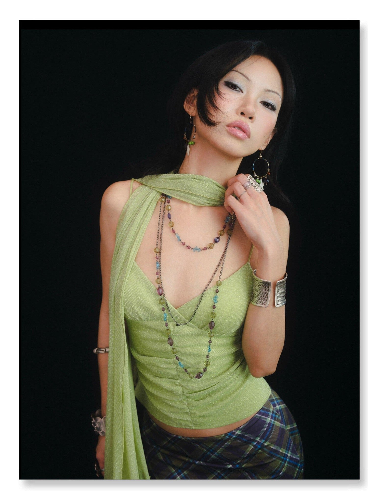 SCCREBEL Fruit Green Shimmer Ruched Backless Mesh V-neck Women's Knit Spandex Camisoles