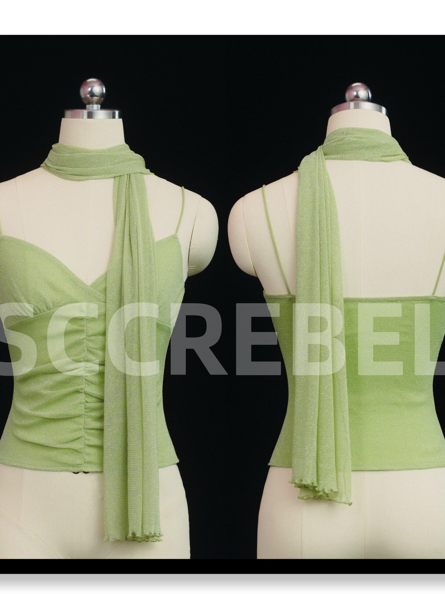 SCCREBEL Fruit Green Shimmer Ruched Backless Mesh V-neck Women's Knit Spandex Camisoles