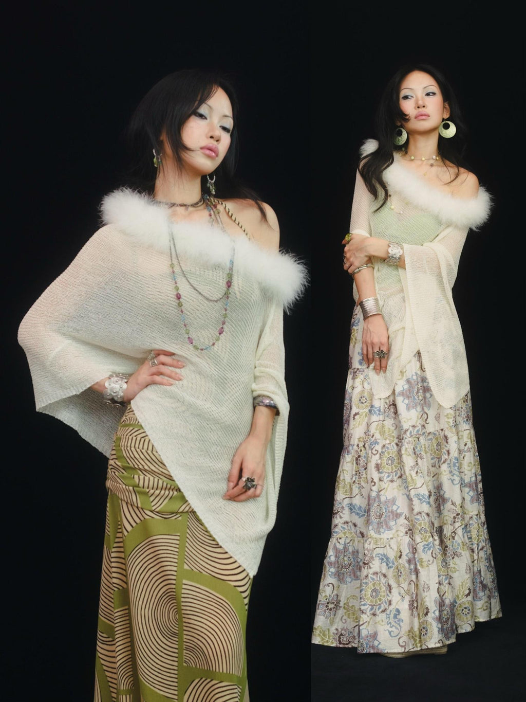 SCCREBEL Ivory Vintage East Asian Openwork Plush Knit Off Shoulder Women's Tube Tops