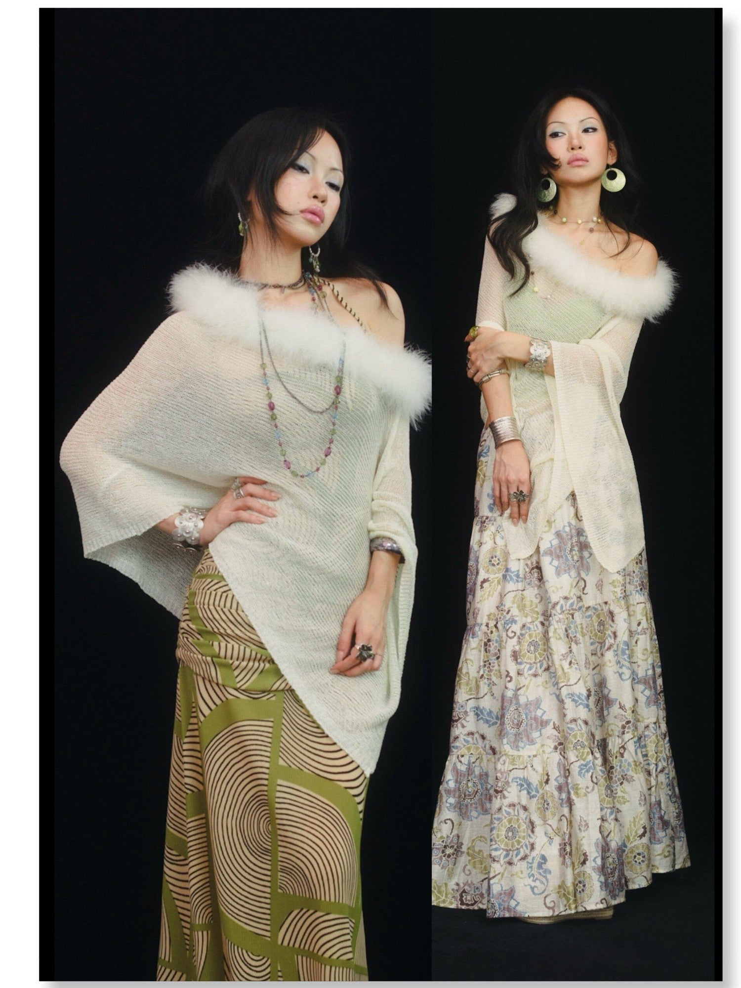 SCCREBEL Ivory Vintage East Asian Openwork Plush Knit Off Shoulder Women's Tube Tops