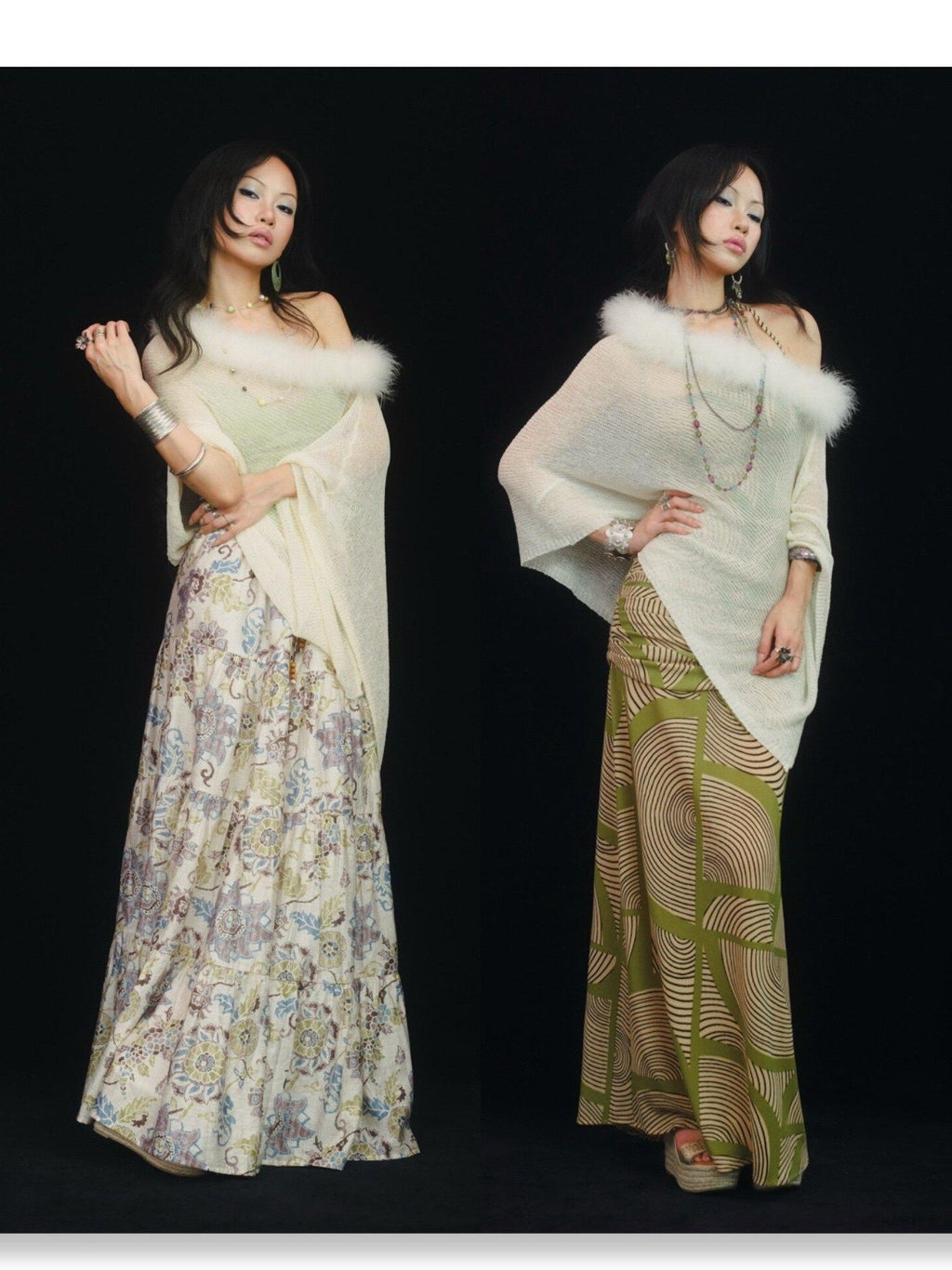 SCCREBEL Ivory Vintage East Asian Openwork Plush Knit Off Shoulder Women's Tube Tops