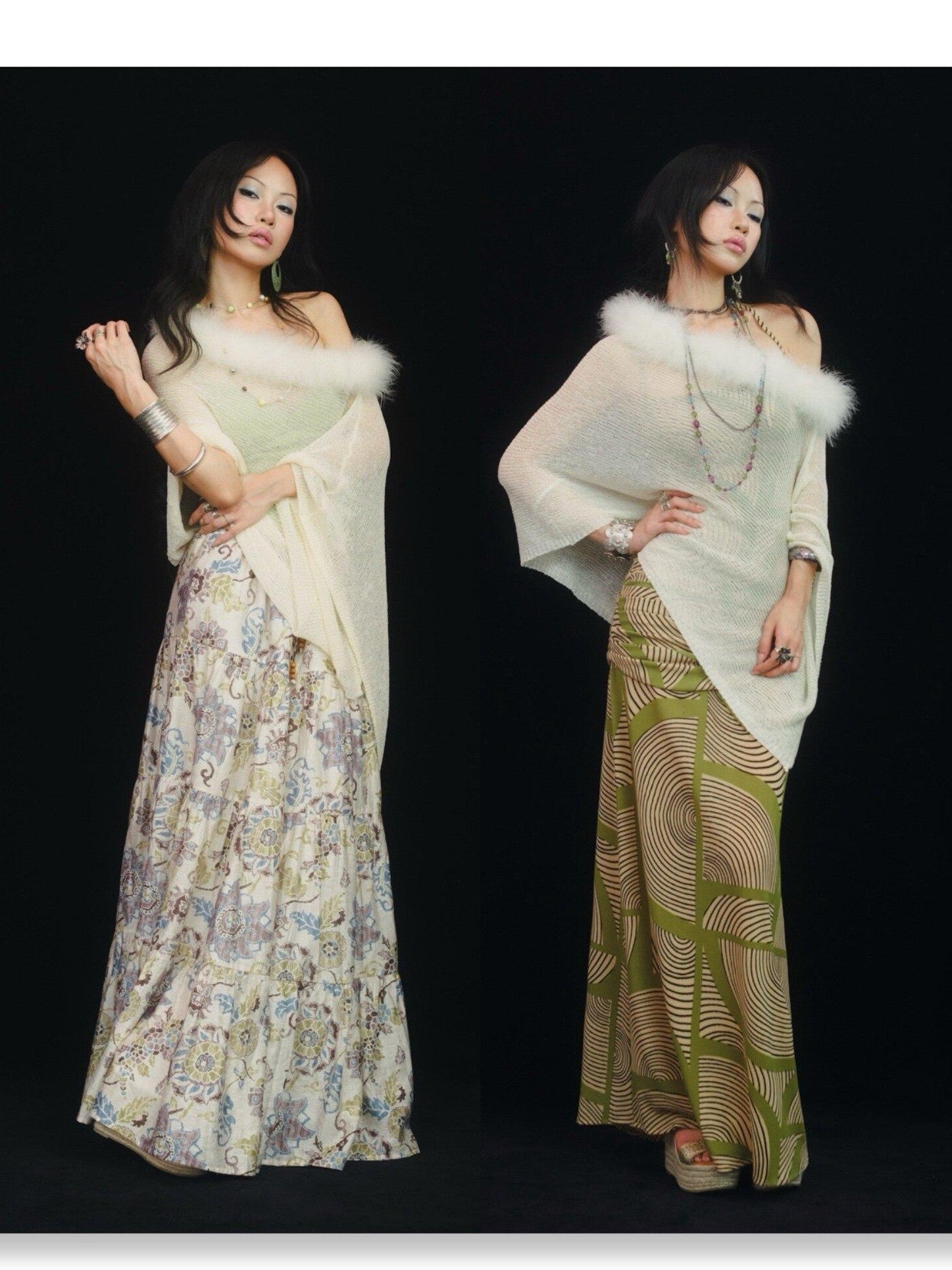 SCCREBEL Ivory Vintage East Asian Openwork Plush Knit Off Shoulder Women's Tube Tops