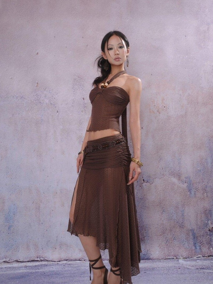 SCCREBEL Knitted Openwork Beaded Halter Tribal Women's Knit Camisoles