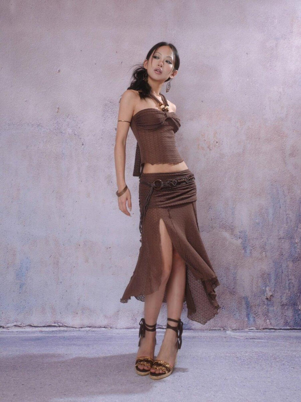 SCCREBEL Knitted Openwork Beaded Halter Tribal Women's Knit Camisoles