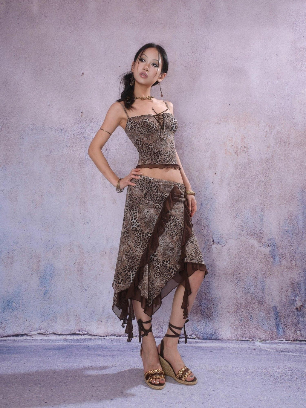 SCCREBEL Leopard Print Irregular Patchwork Asymmetric Panel Women's Camisoles
