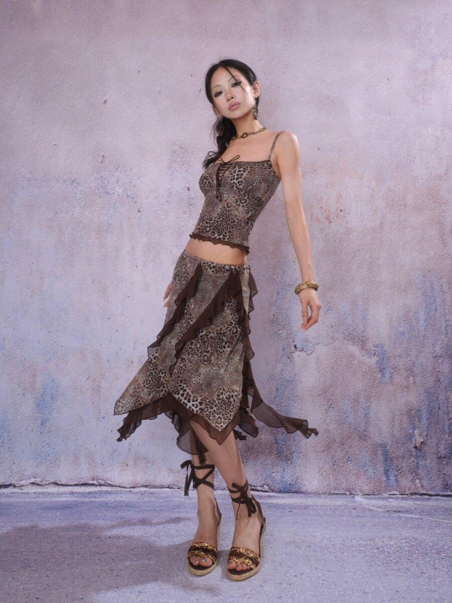 SCCREBEL Leopard Print Irregular Patchwork Asymmetric Panel Women's Camisoles