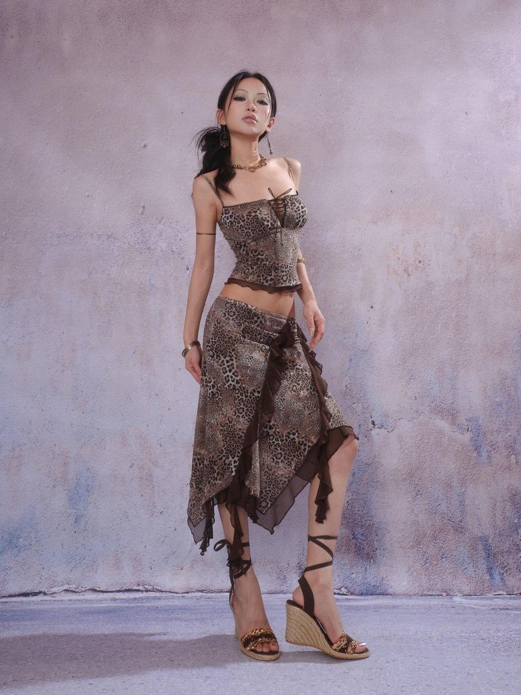 SCCREBEL Leopard Print Irregular Patchwork Asymmetric Panel Women's Camisoles