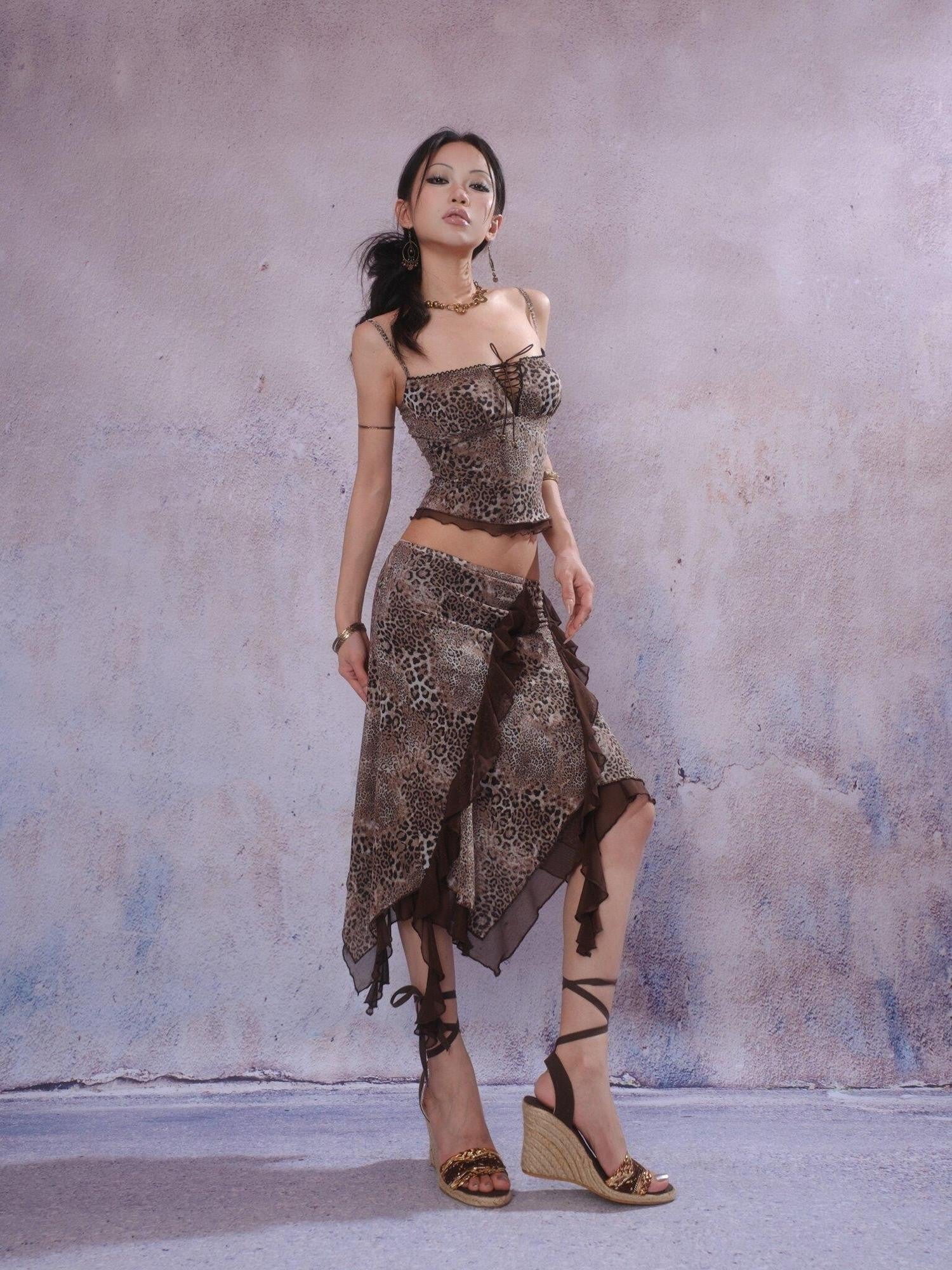 SCCREBEL Leopard Print Irregular Patchwork Asymmetric Panel Women's Camisoles