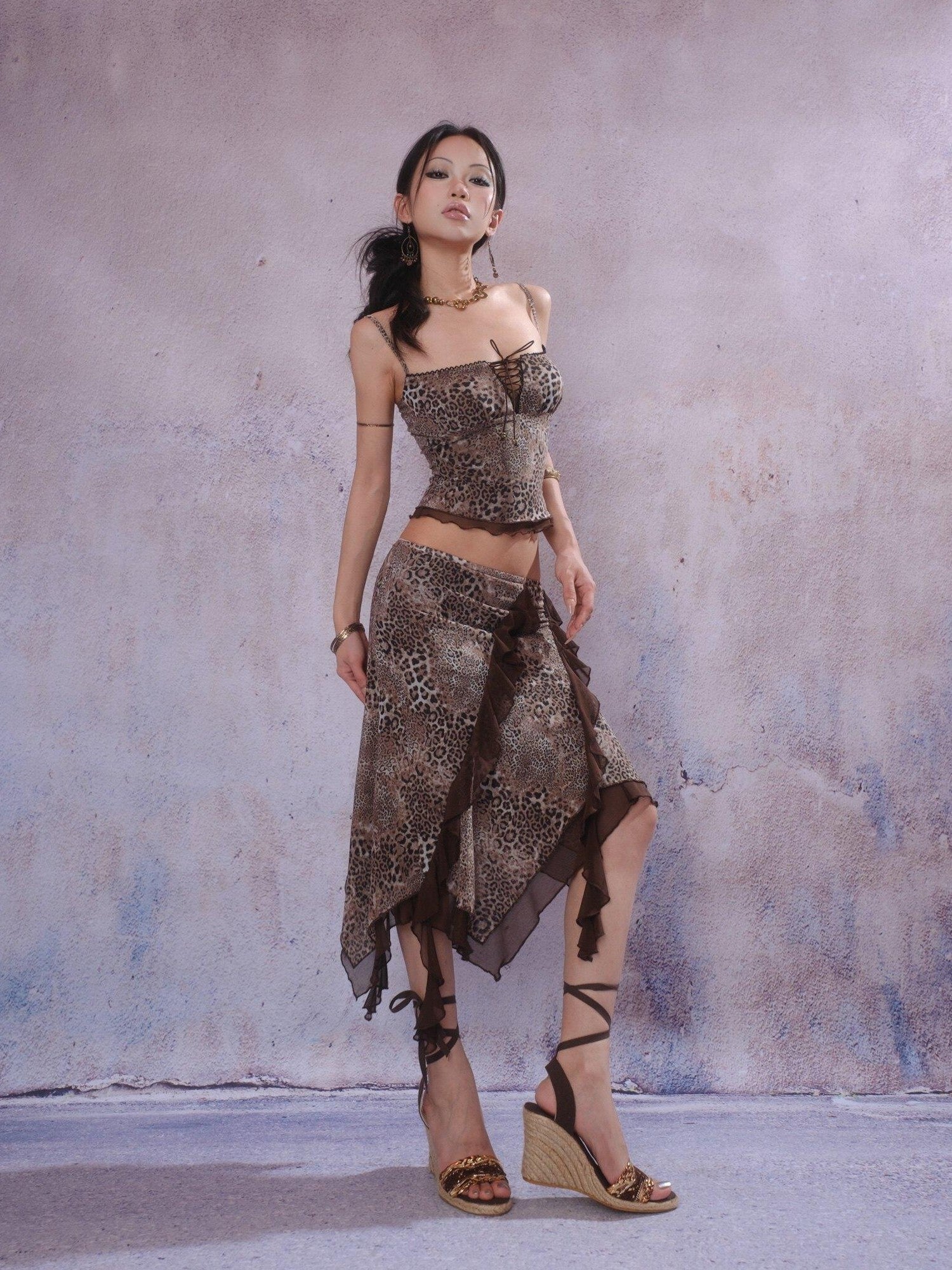 SCCREBEL Leopard Print Irregular Patchwork Asymmetric Panel Women's Camisoles