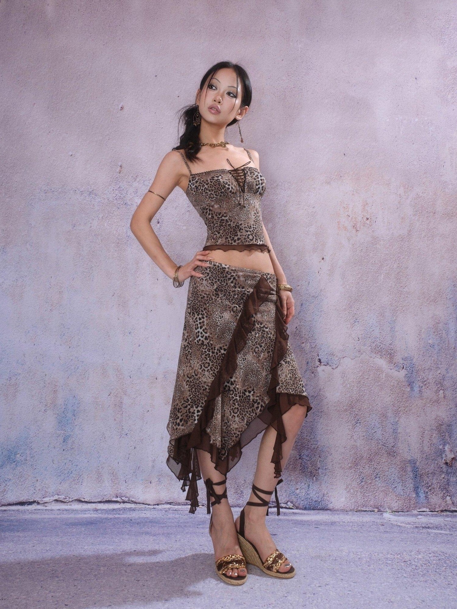SCCREBEL Leopard Print Irregular Patchwork Asymmetric Panel Women's Camisoles