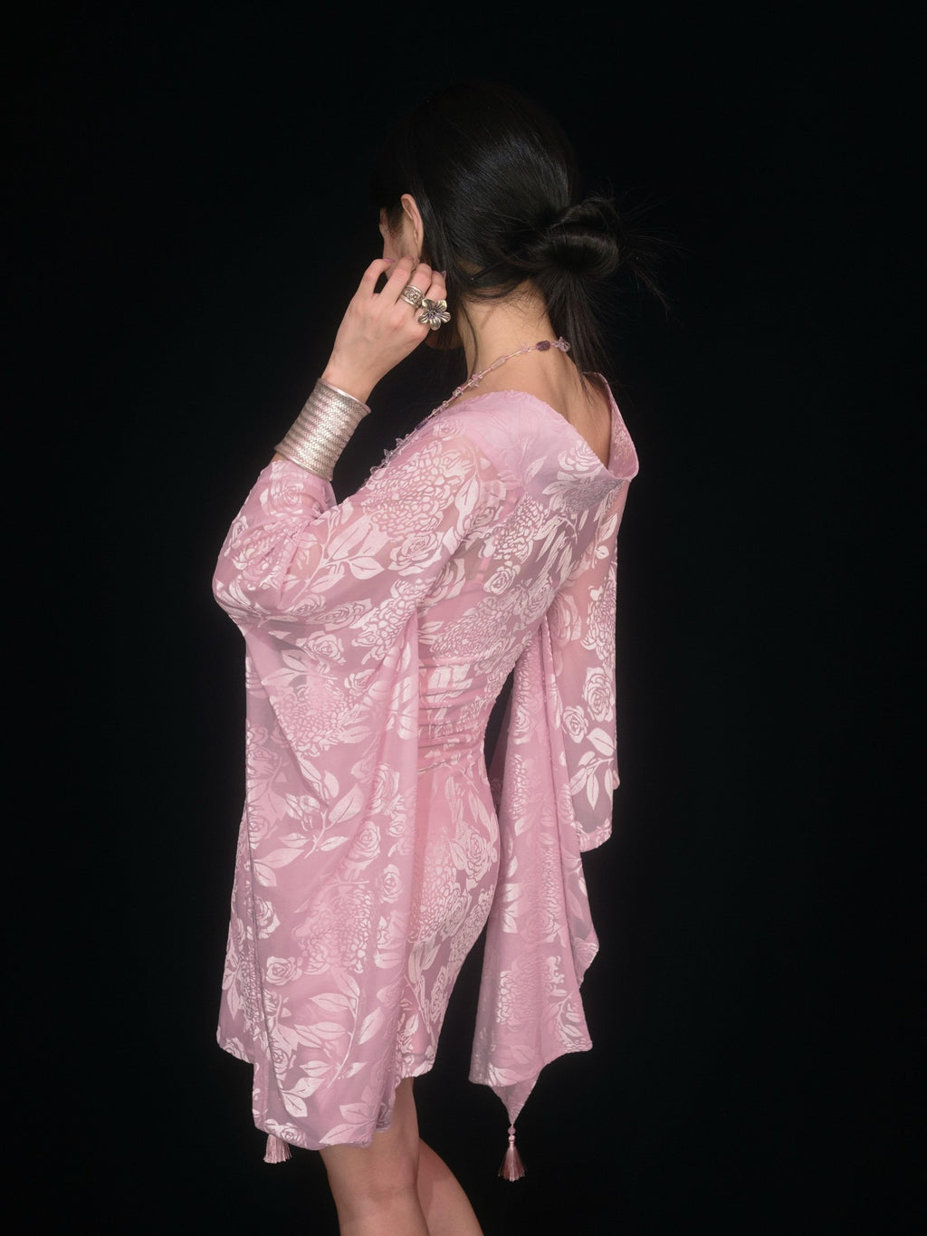 SCCREBEL Light Pink Rose Crossover Neck Puff Sleeve Women's Off-shoulder Mini Dresses