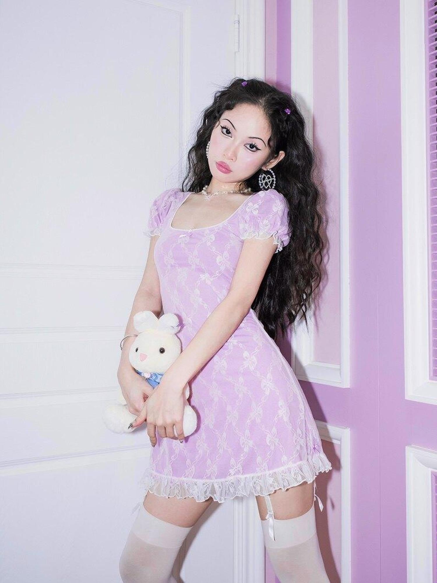SCCREBEL Lilac Puff Sleeve U Neck Lace Women's Spandex Casual Midi Dresses