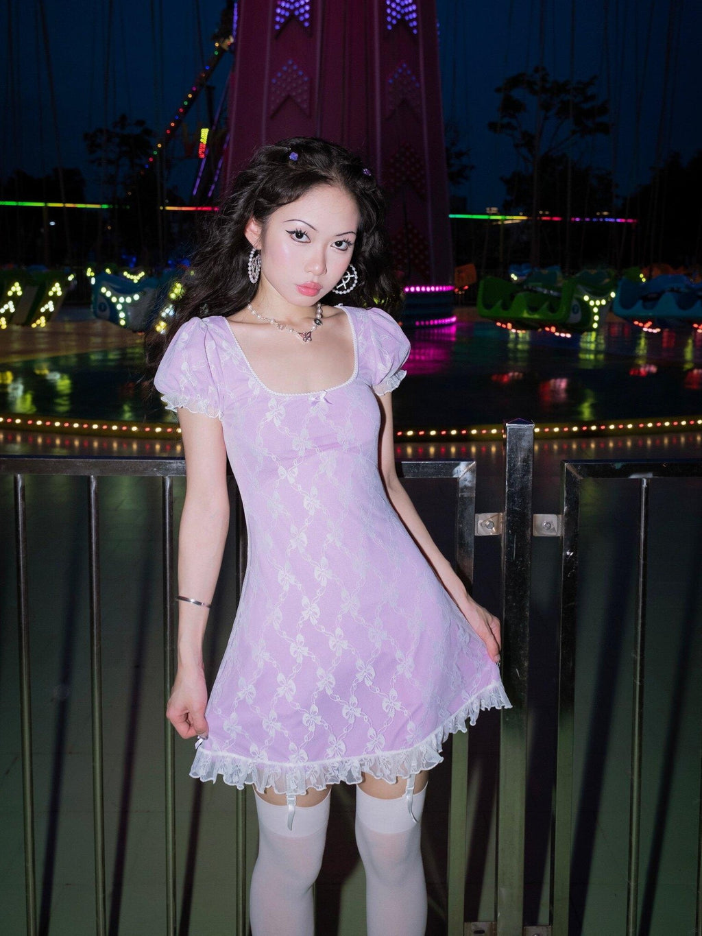 SCCREBEL Lilac Puff Sleeve U Neck Lace Women's Spandex Casual Midi Dresses