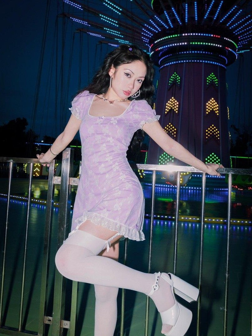 SCCREBEL Lilac Puff Sleeve U Neck Lace Women's Spandex Casual Midi Dresses